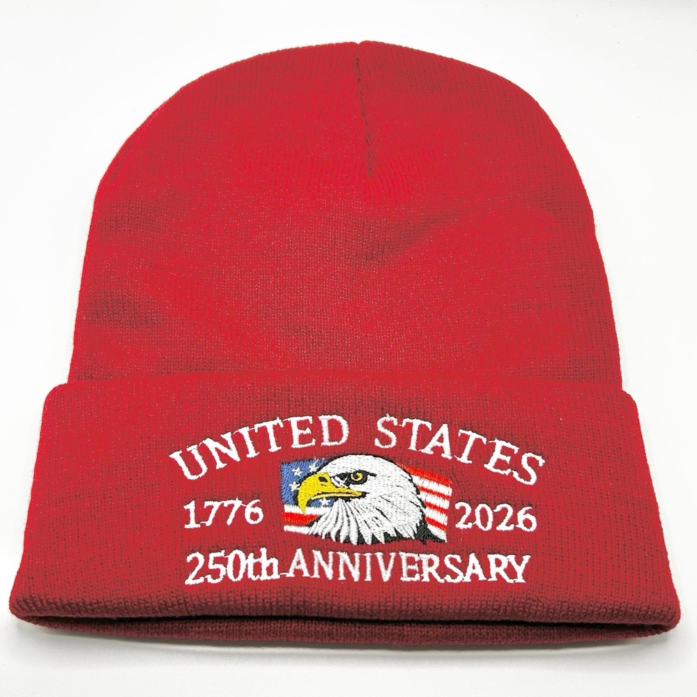 United States of American 250 Years USA Flag Beanie Hat Cap Knit Cuff Red